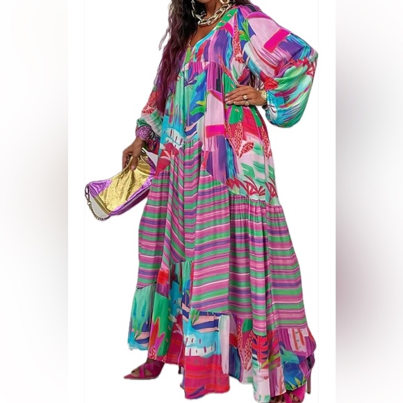 Boho Plus Size Abstract Floral Stripe Patch Print Long Sleeve Maxi Dress - Picture 1 of 2